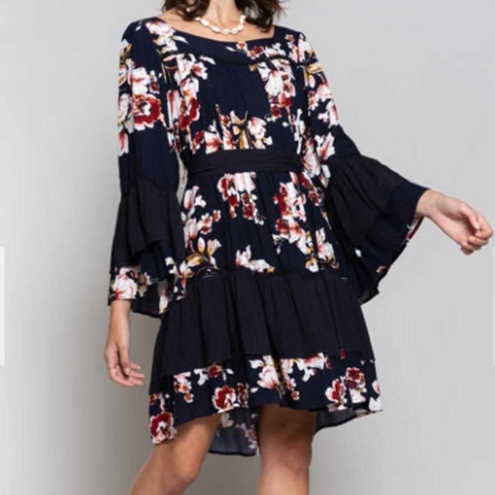 POL Navy Floral Blossom Cotton Dress with Black contrast